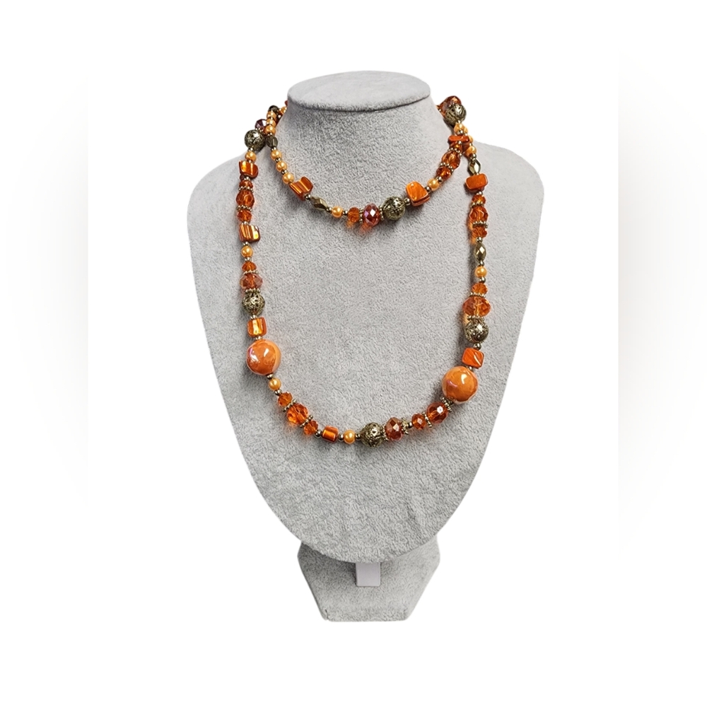 Orange & Gold Beaded Opera Length Necklace